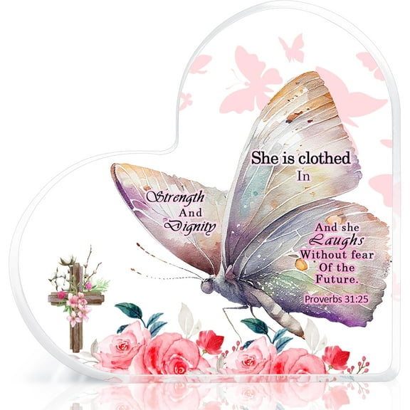 Christian Gifts for Women, Catholic Gifts, Religious Gifts, Inspirational Gifts with Bible Verse and Prayers, Pink Butterfly Acrylic Hearts Decoration for Friend Home Office (She Clothed)