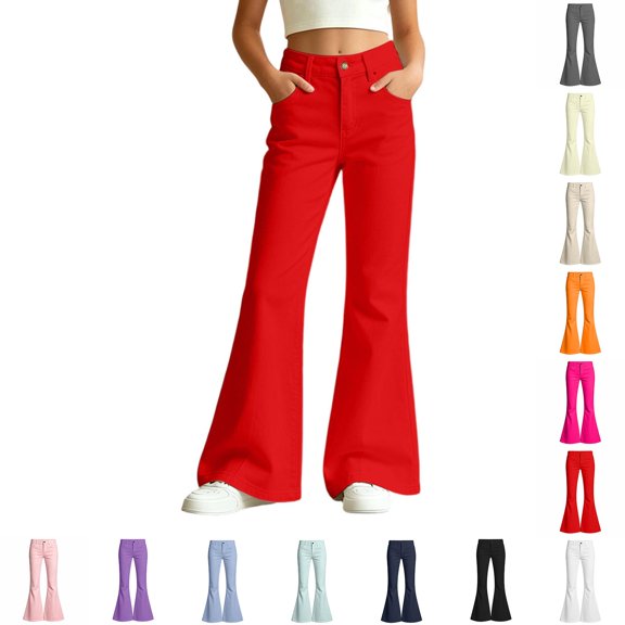 Bell Bottom Pants for Girls High Waist School Uniform Pants Girls Wide Leg Pants School Clothes Red School Pants Size 5-16 Years