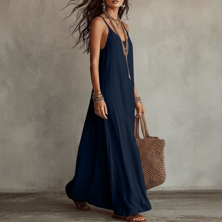 boho cami dress Domzest Womens Spaghetti Strap Maxi V Neck Loose Flowy Dress Summer Casual Vacation Beach Long Sundress Navy XL Color:Black / White Polka Dot Black dresses never disappoint Award Show Fashion Strap Flared Cami Dress