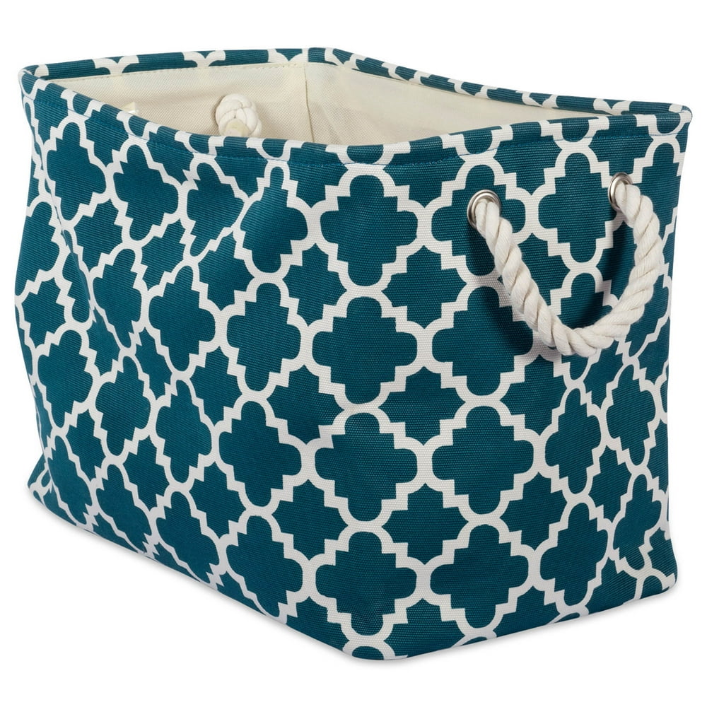 16" Teal Blue and White Rectangular Polyester Storage Bin