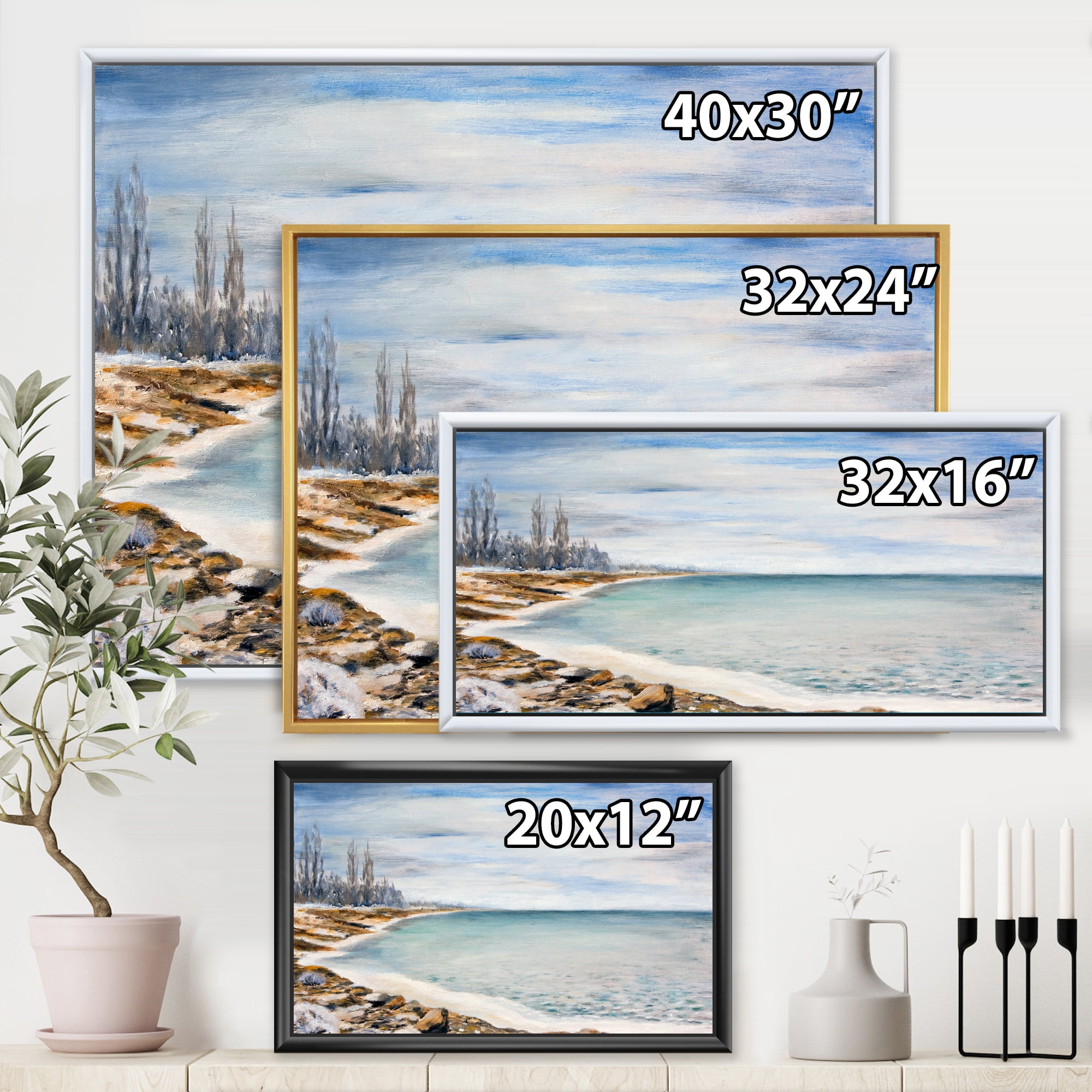 Designart 'Beach Is Covered With Ice' Nautical & Coastal Framed Canvas Wall Art Print
