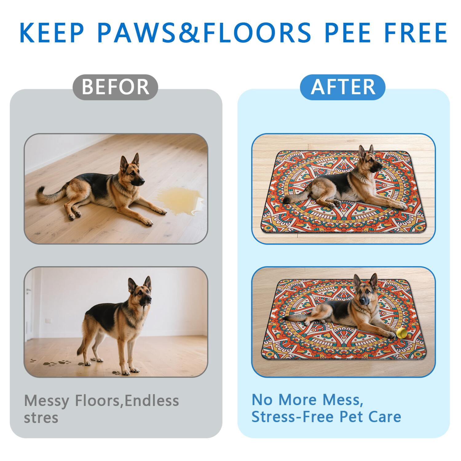 Reusable Washable Dog Pee Pads, 48" x48" in Mandala, Advanced Leak-Proof Design, Non-Slip Underside for Confident Use on Any Hard Floor.