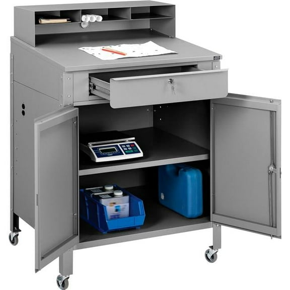 Mobile Cabinet Shop Desk with Pigeonhole Compartment Riser - Gray - 34.5 x 30 x 51.5 in.
