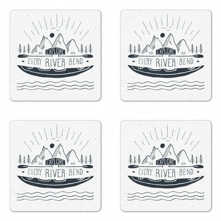 

Explore Coaster Set of 4 Hand Drawn Sketch Mountains and Kayak with Explore Every River Bend Slogan Square Hardboard Gloss Coasters Standard Size Dark Blue and White by Ambesonne
