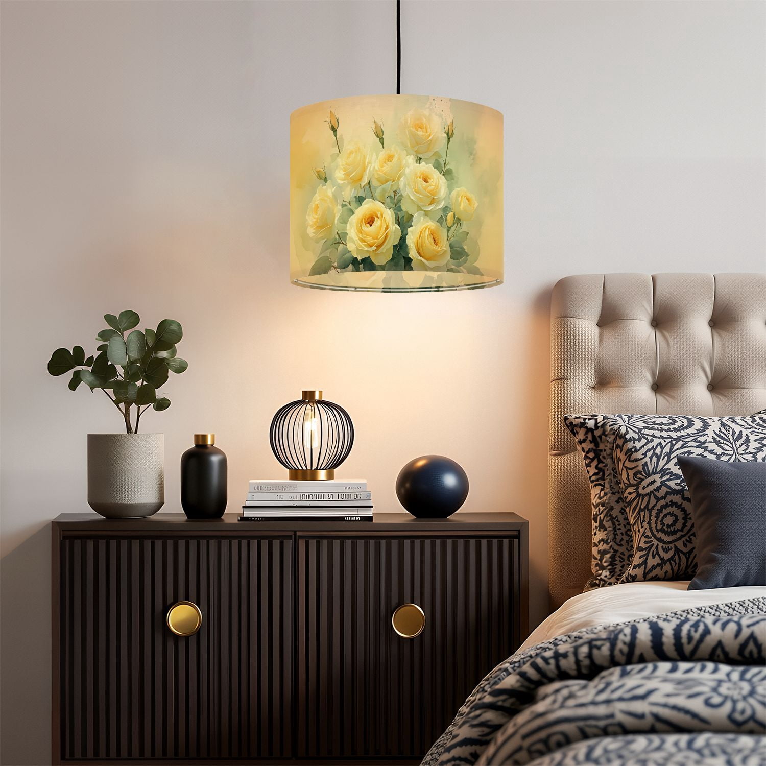 Linen Drum Lampshades Yellow Roses Soft Watercolor Painting Green Leaves Buds 13"x13"x10" Light Shade for Table Lamps Floor Lamp Shades Lampshade Replacement Assembly Required