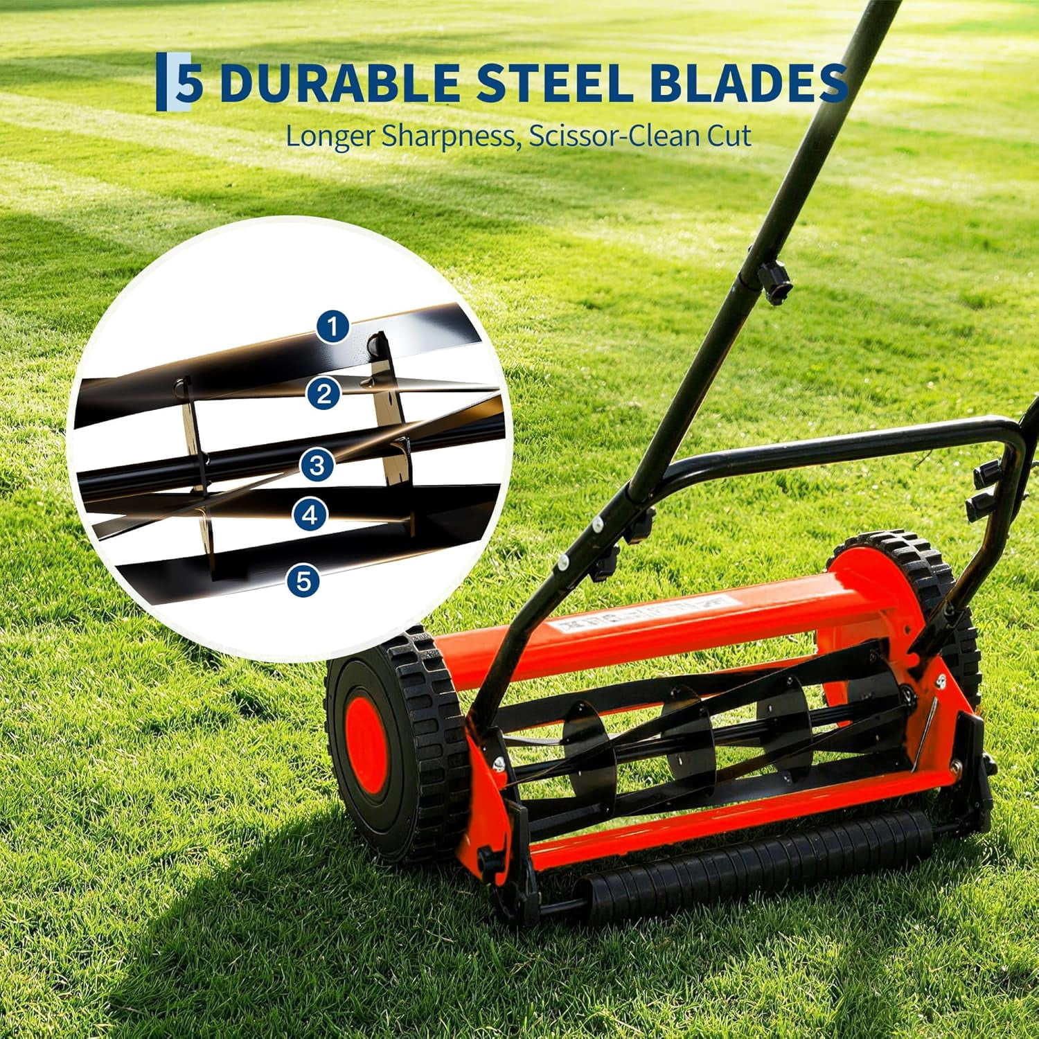 14in Push Reel Lawn Mower 5-Blade Manual Walk-Behind Mower Adjustable Cutting Height Compact Quiet for Small Yards and Easy Lawn Care