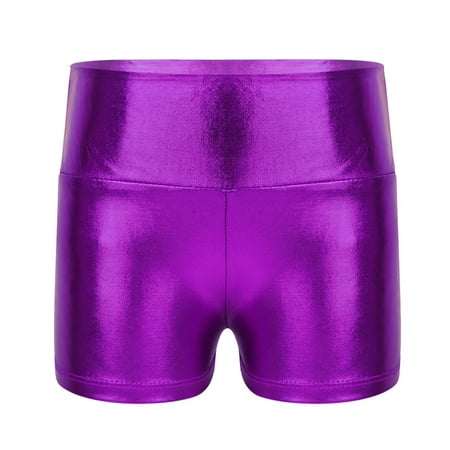 JanJean Girls Metallic Shiny Sports Shorts Ballet Dance Workout Gymnastic Hot Shorts Bottoms Activewear Purple 8