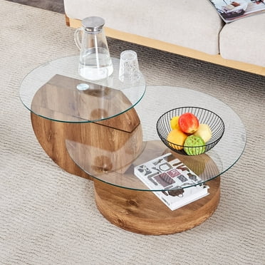 Sudica Modern Coffee Table with Double-layer Round Glass Tabletop,27" Tea Table with Dark Wood Grain Base,Center Table for Living Room