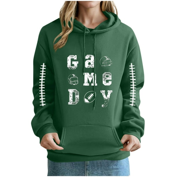 Heisall Womens Hoodies Rugby Print Pocket Drop Shoulder Long Sleeve Tops Fashion Casual Pullover Hooded Sweatshirts