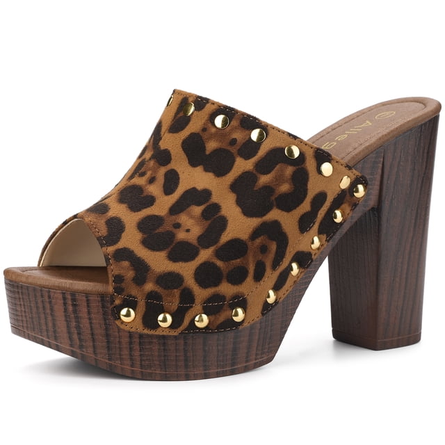 BLISSFUL STEP Chaussures pour Femmes à Plateforme à Talons Épais à Bout Ouvert à Rivets en Faux Suède Sandales à Enfiler Léopard 5.5