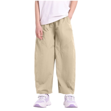 asjyhkr Barrel Pants for Boys Girls Casual High Waisted Relaxed Fall Outdoor Camping Classic Teens Running Active Trousers(9-10 Years Khaki)