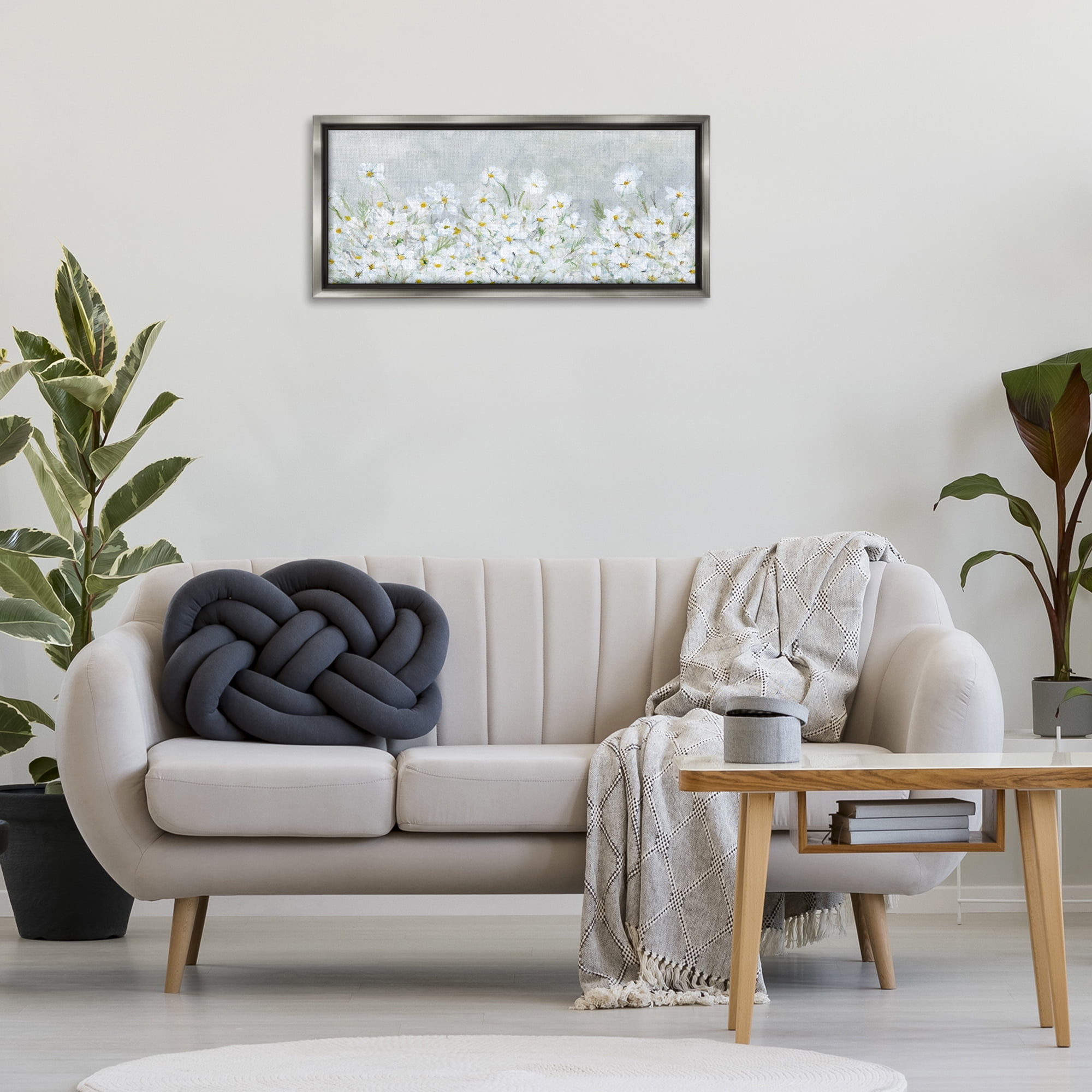 Stupell Industries Subtle Brushed Daisies Botanical & Floral Painting Gray Floater Framed Art Print Wall Art, 31 x 14