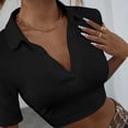 thumbnail image 3 of Women Crop Top V Neck Turn Down Collar Sporty Sweet Short Sleeve T Shirt for Daily Dating Casual Black S, 3 of 6
