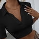 thumbnail image 3 of Top corto para mujer, cuello en V, cuello vuelto, deportivo, dulce, manga corta, camiseta para citas diarias, informal, negro, XS, 3 of 6