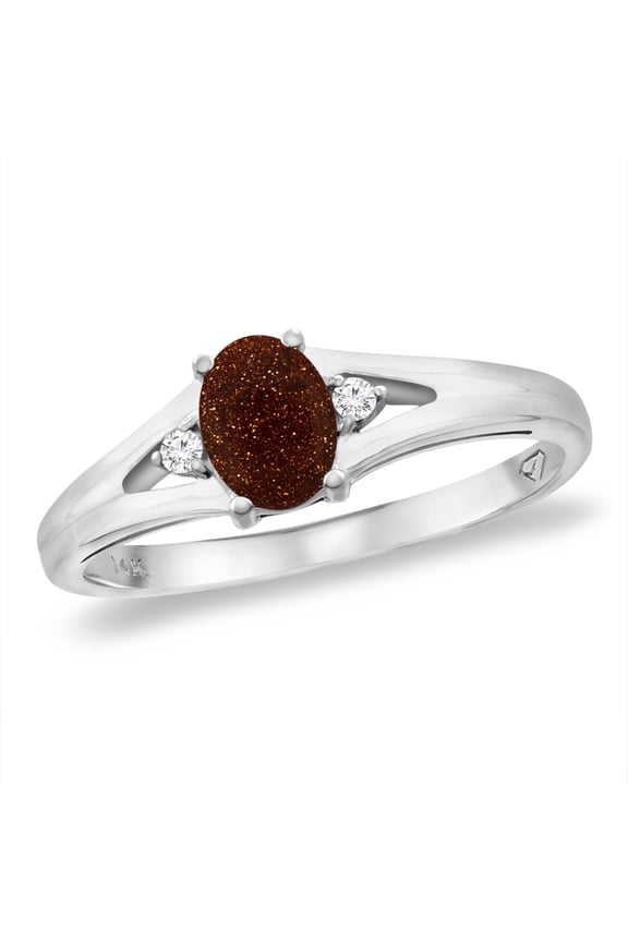 14K White Gold Diamond Natural Goldstone Engagement Ring Oval 6x4 mm, size 9