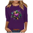 thumbnail image 2 of Cavosen Carnival Day Women's Tops 3/4 Sleeve Dressy Holiday Mardi Gras Crewneck Shirts Mask Graphic Print Tops Festival Stylish Blouse Casual Athletic T-Shirts Party Tuesday Purple M, 2 of 5