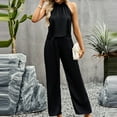 thumbnail image 4 of Women's 2 Piece Outfits Clearance Women's Fashion Casual Spring And Summer Solid Color Round Neck Sleeveless Blouse Tops Wide Leg Pants, 4 of 5