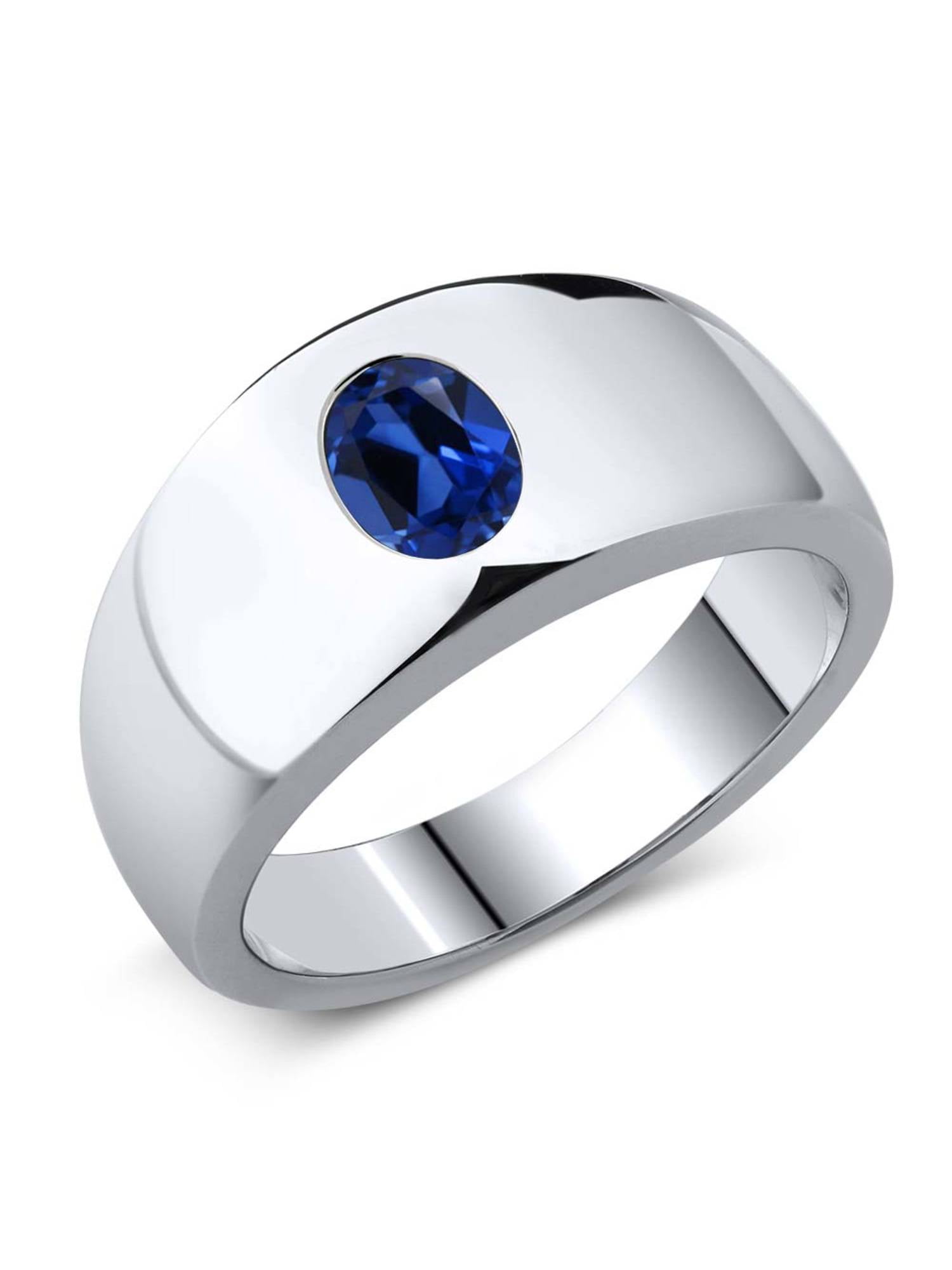 Gem Stone King 2.53 Ct Round Blue Simulated Sapphire White Diamond 925 Silver Mens Ring