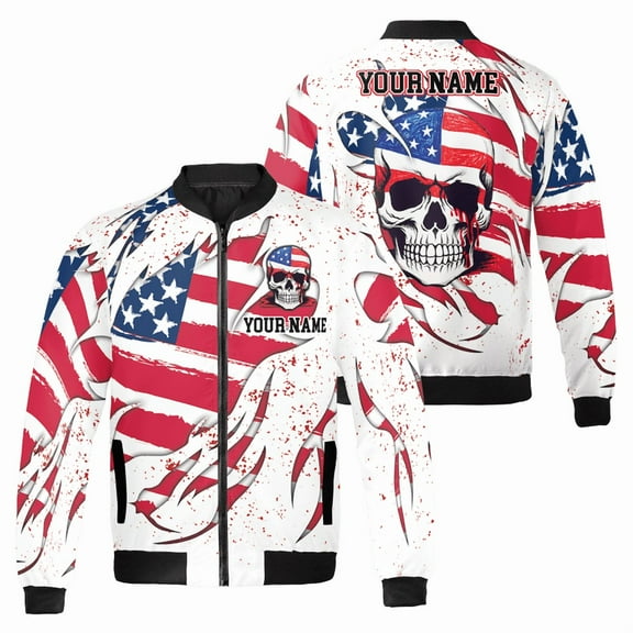 American Flag Skull Bomber Jacket – Custom Name – Patriotic Biker Jacket for Men & Women