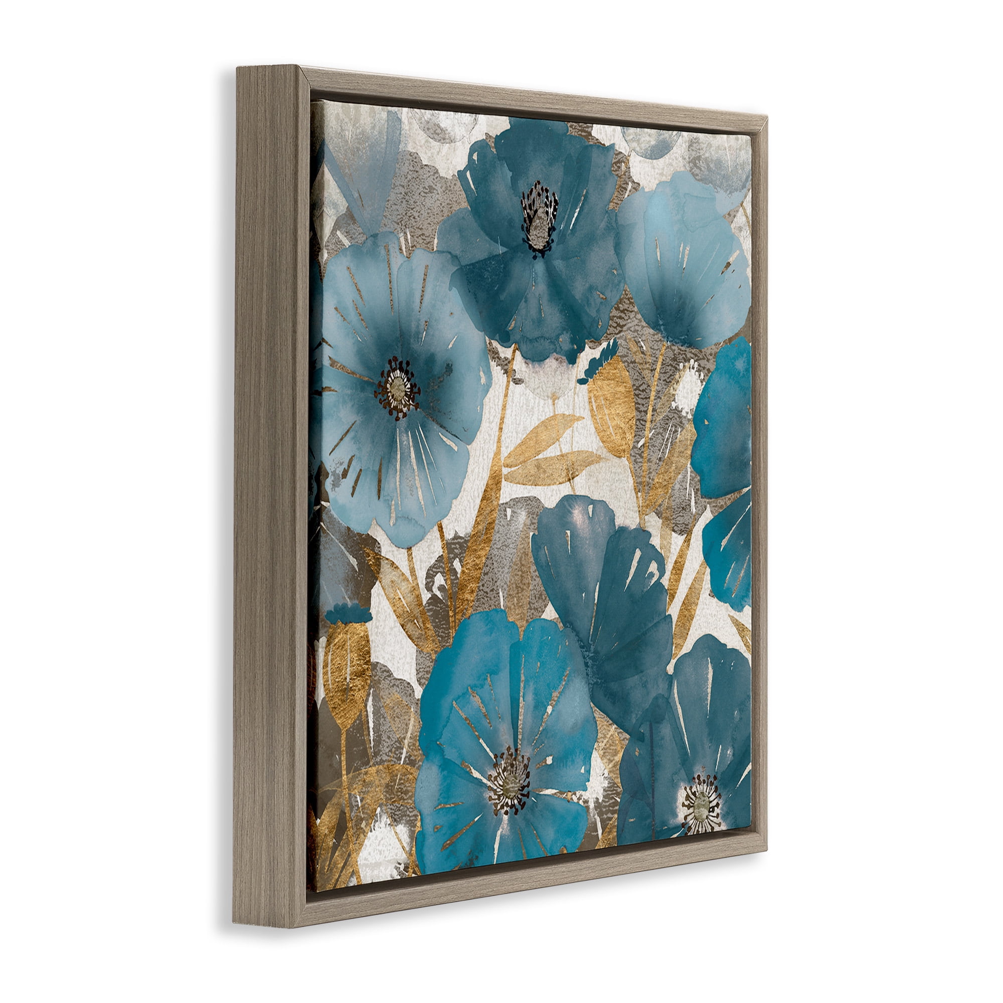 Stupell Industries Elegant Blue Florals Abstract Botanical & Floral Painting Brown Floater Framed Canvas Art Print Wall Art, 18 x 18