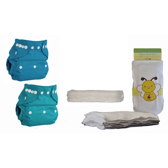Kashmir Baby Bamboo One Size Cloth Diapers, Inserts, 10 Organic Wipes. Washable. Reusable. Boy- Sandcastles