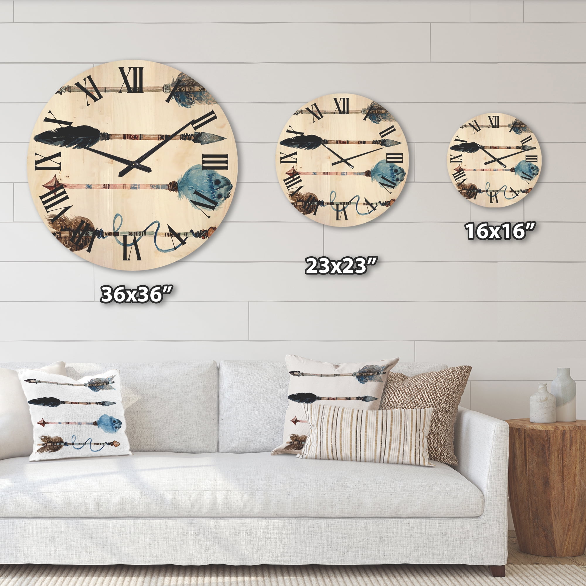 Designart 'Flowers and Ethnic Feathers On Native Arrows IV' Bohemian & Eclectic Wood Wall Clock