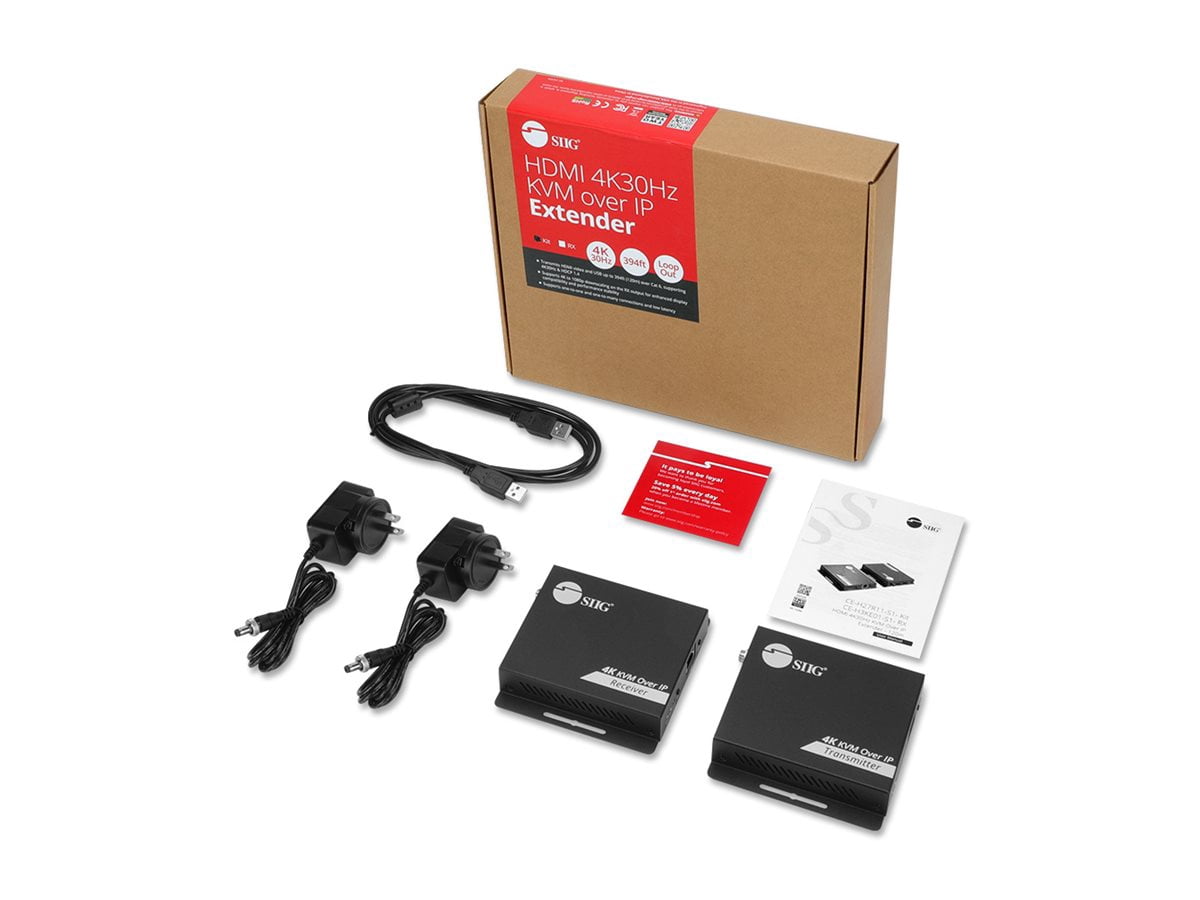 SIIG HDMI 4K30Hz KVM Over IP Extender - 394ft - Over IP KVM Extender - One to Many - HDMI Loop-Out - Downscaler - Low-Latency (CE-H27R11-S1)