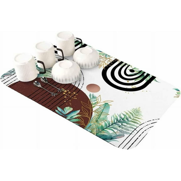 Brown Black Dish Drying Mat for Kitchen Counter, Super Absorbent Quick Dry Coffee Bar Mat Pad Thin Diatomaceous Sink Mat Non Slip Dish Drainer Mat 23.5x15.5 Gold Boho Geometric Abstract Eucalyptus