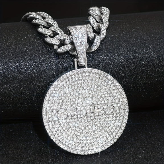 Shiny Round Nameplate Pendant With Cuban Link Miami Necklace Unisex Hip-hop Pendant Necklace Jewelry Gift
