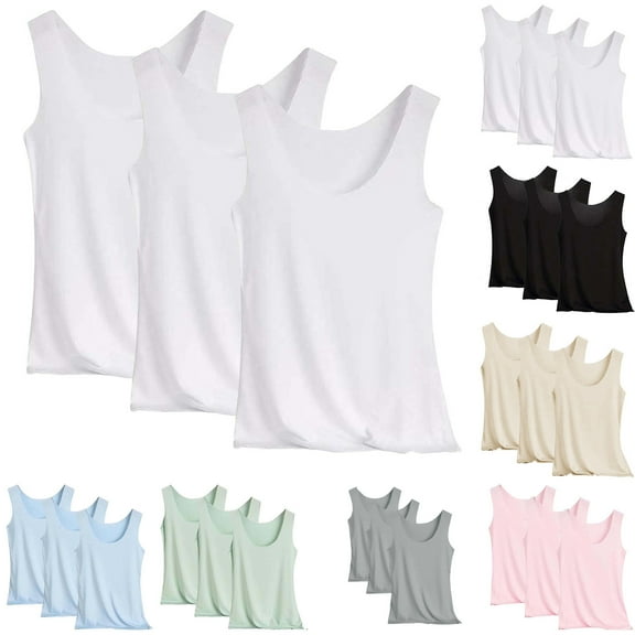 FRSASU 3PC Basic Tank Tops for Women Sleeveless U Neck Pajama Loungewear Casual Pajama White