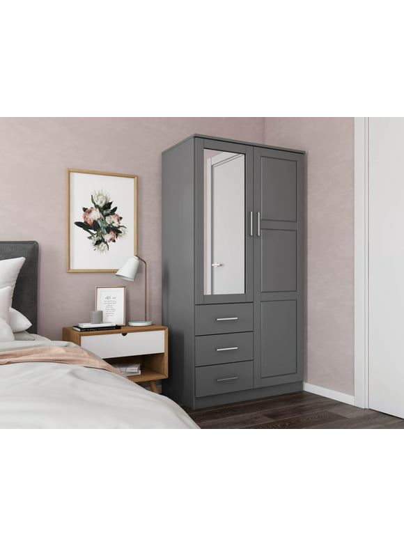 100% Solid Wood 2-Door Metro Wardrobe with Mirror 7103 by Palace Imports, Gray