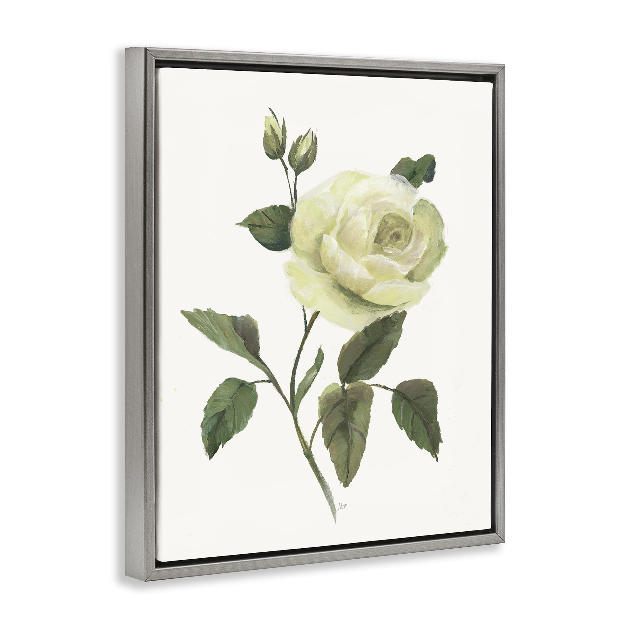 Stupell Industries Cream Garden Rose with Buds Gray Framed Floater Canvas Wall Art, design by Nan