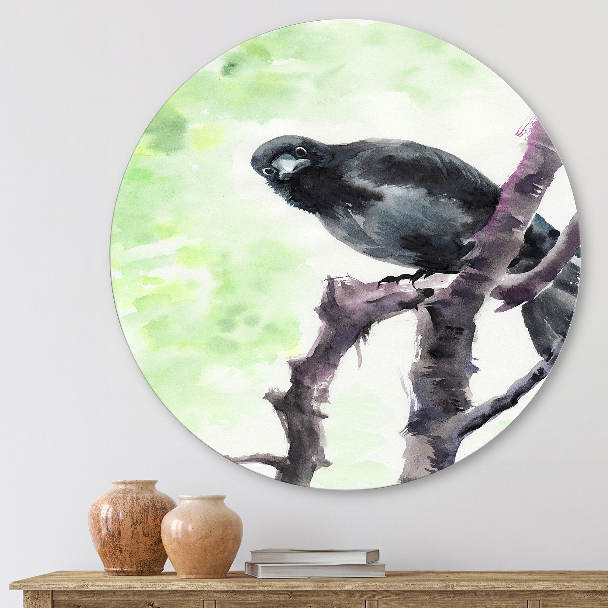 Designart 'Curious Crow Sitting On A Branch' Traditional Circle Metal Wall Art 23x23 - Disc of 23