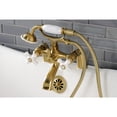 thumbnail image 3 of Kingston Brass KS267PXSB Kingston Three-Handle 2-Hole Deck-Mount Clawfoot Tub Faucet with Hand Shower in Brushed Brass, 3 of 7