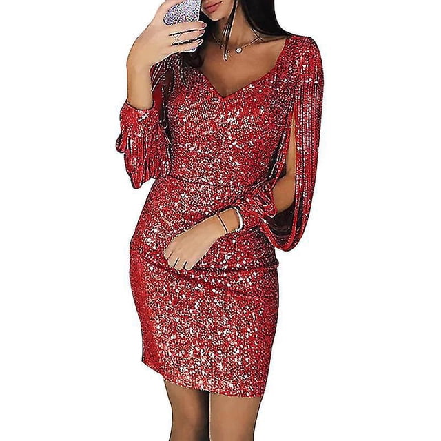 Vestido de lentejuelas para mujer, vestido corto sexy con cuello en V profundo y brillo, vestido largo por encima de la rodilla con manga borla