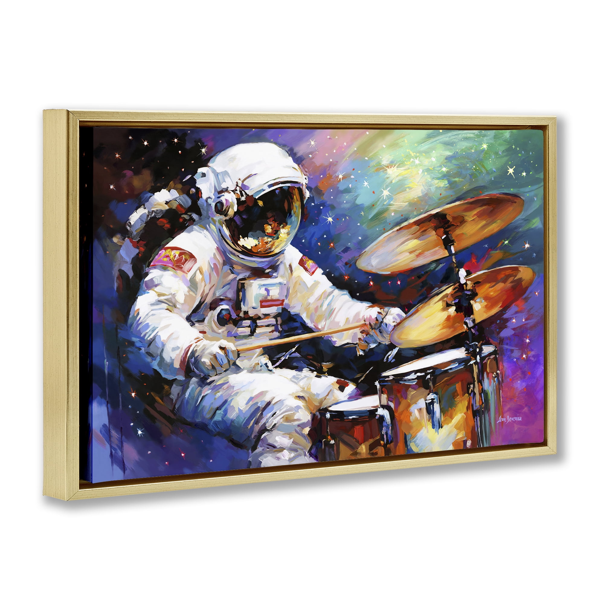 Stupell Industries Cosmic Drummer Musician Astrology & Stars Painting Gold Floater Framed Canvas Art Print Wall Art, 31 x 21