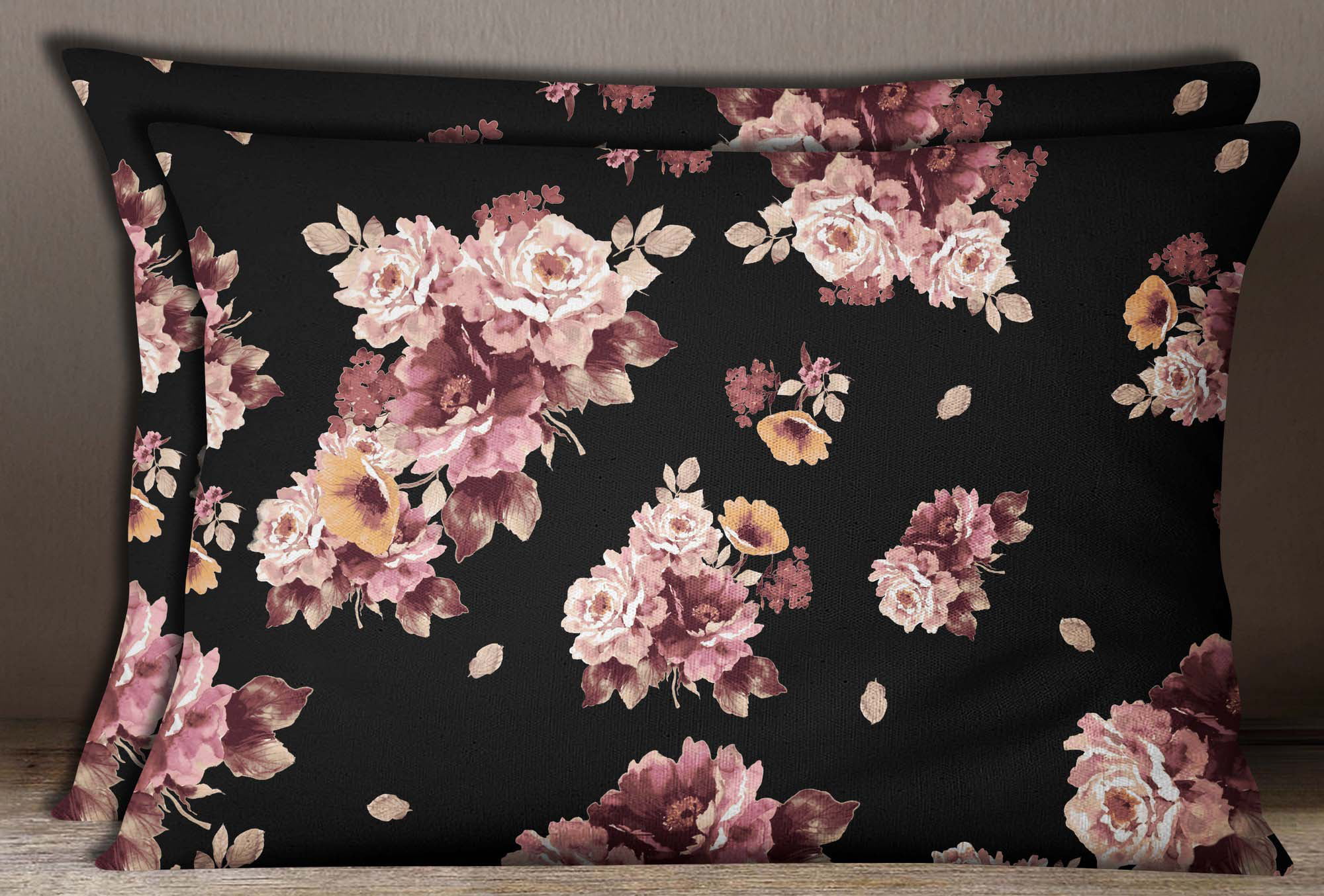 Cotton Poplin Square Cushion Cover 2 Pcs Floral Print Black Pillow Case Throw 