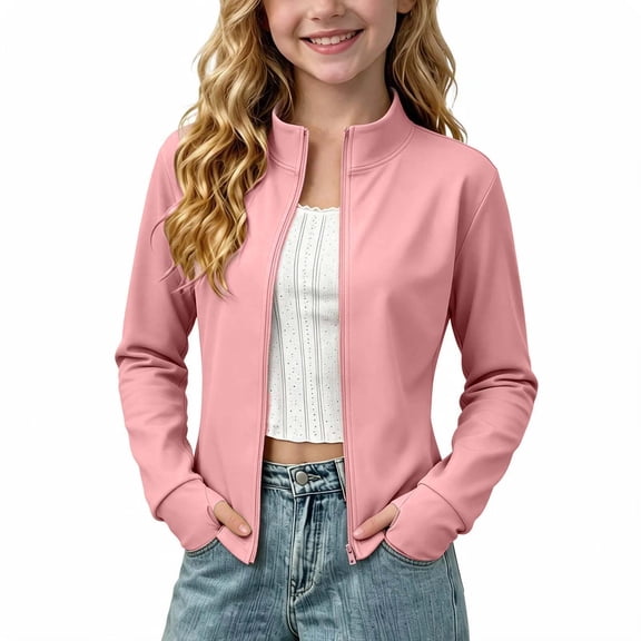 SERTGUTR Girls Zip Up Jacket, Stand Collar Long Sleeve Thumbhole Top, Cropped Stretch Yoga Running Coat, Everyday School Fitness Sports Jacket