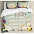 thumbnail image 1 of Colorful Duvet Cover Set Queen Size, Vintage Style Wooden Background Image Ornamented of Flower Bouquets, Decorative 3 Piece Bedding Set with 2 Pillow Shams, Seafoam and Multicolor, by Ambesonne, 1 of 3