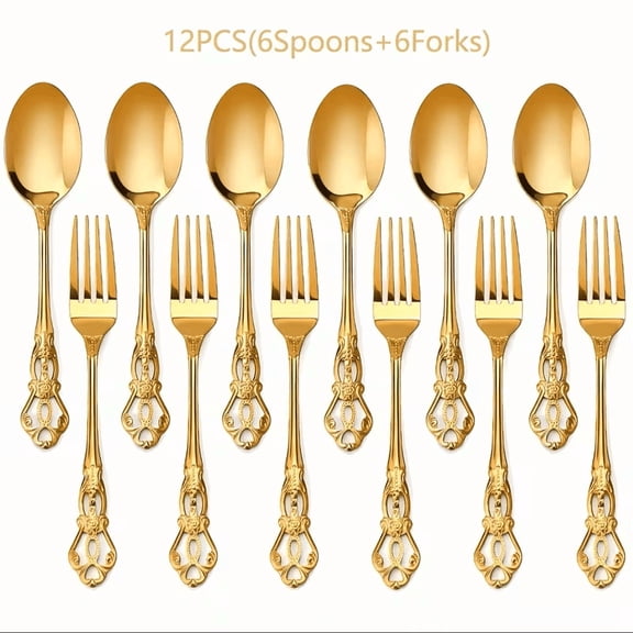 Vaelin Bulk 12‑Piece Gold Stainless Steel Spoon Fork Set, Retro Embossed Flatware, Value Pack for Household Dining & Entertainment