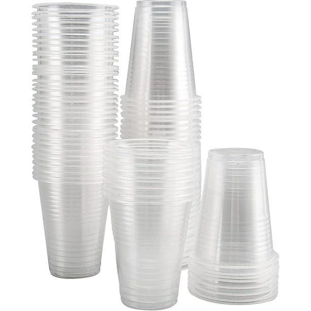 Paquete de 100 vasos de plástico desechables transparentes.