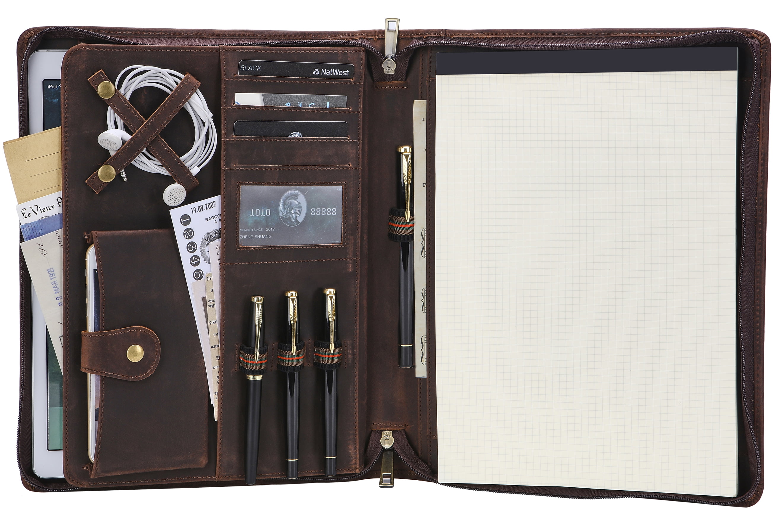 AZXCG Leather Portfolio Folder for Men, A4 Personlized Resume Zippered