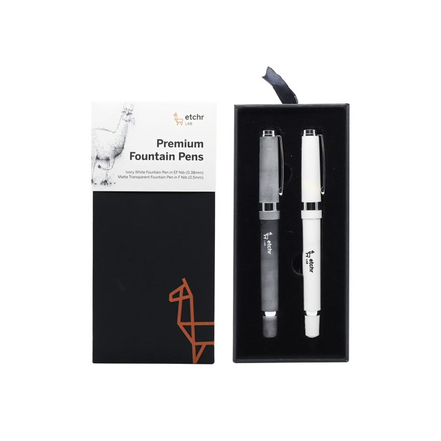 ETCHR Fountain Pen Set - 2 Fountain Pens for Writing - Calligraphy Pens in Ivory White & Matte Transparent - Luxury Fountain Pen with 2 Different Nibs - Refillable Pens for Journaling - 2 Writing Pens