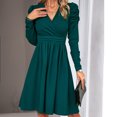 thumbnail image 4 of Solid Color V-Neck Wrap Dress for Women Long Sleeve Knee Length Dress Slim Waist Pleated Casual Short Dress, 4 of 8