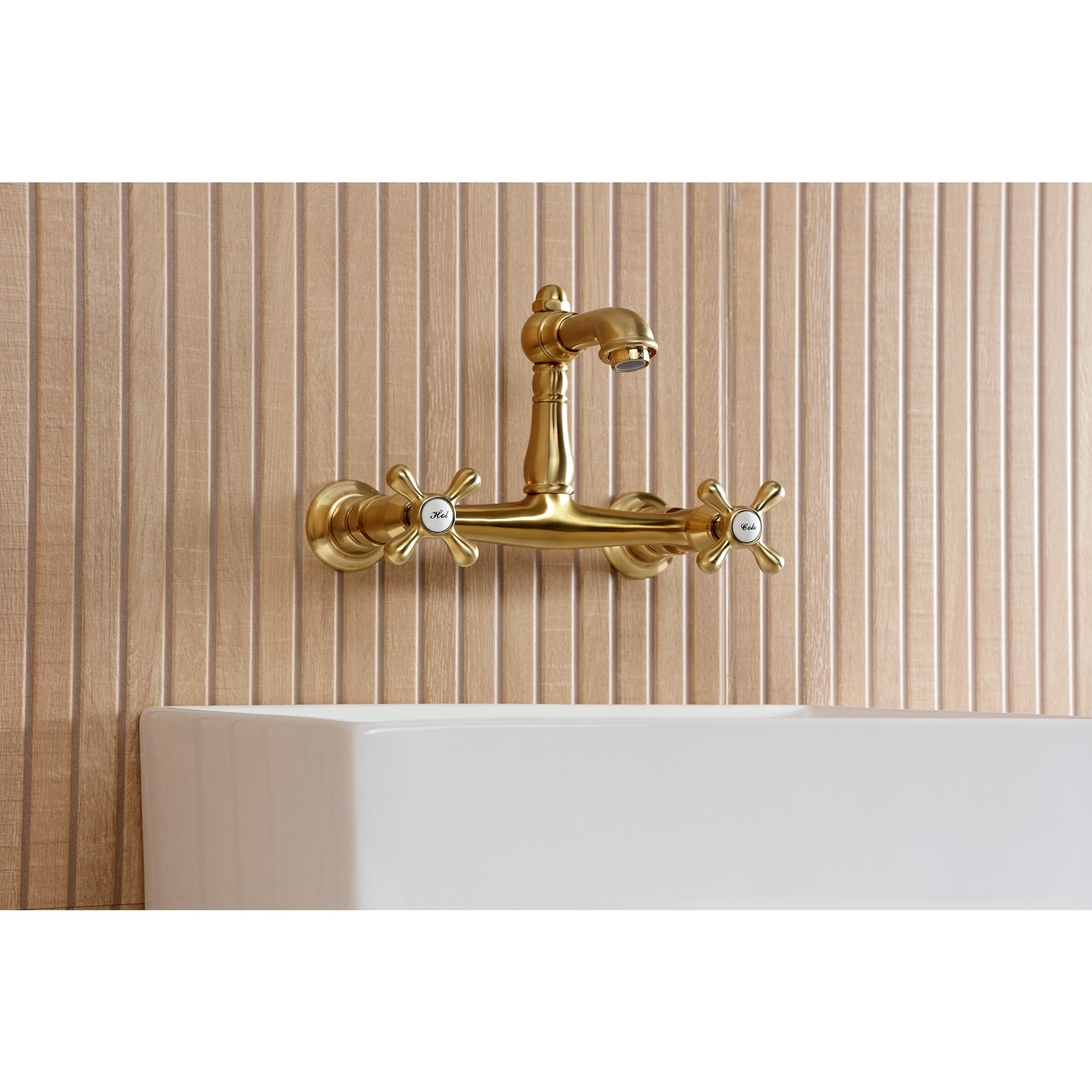 Kingston Brass KS7257AX English Country Double-Handle 2-Hole Wall Mount Bathroom Faucet in Brushed Brass