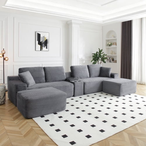 150" Oversized L-Shape Sectional Sofa with Deep Seat, Cup Holders & USB Ports, Corduroy Cloud Couch with Hidden Storage, Grey
