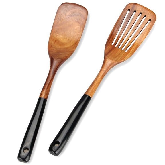 Teak Wood Spatula Set, 2 Piece Non Scratch Kitchen Utensils for Non Stick Pans, Solid and Slotted Spatula for Flipping Burgers Grilled Cheese Stirring Sauces, Durable Cooking Spatulas, Black