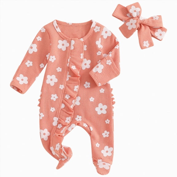 GEWSEY Baby Girl Fall Winter Outfits Clothes Knit Jumpsuit Ruffle Romper Coming Home Outfit for Baby Girl 0-3 Months Orange