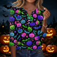 thumbnail image 2 of Halloween Shirts Women Funny 3/4 Sleeve T Shirts Horror Pumpkin Bat Printed Pullover Spooky Button V Neck Tops Holiday Three Quarter Length Blouses, M, 2 of 6
