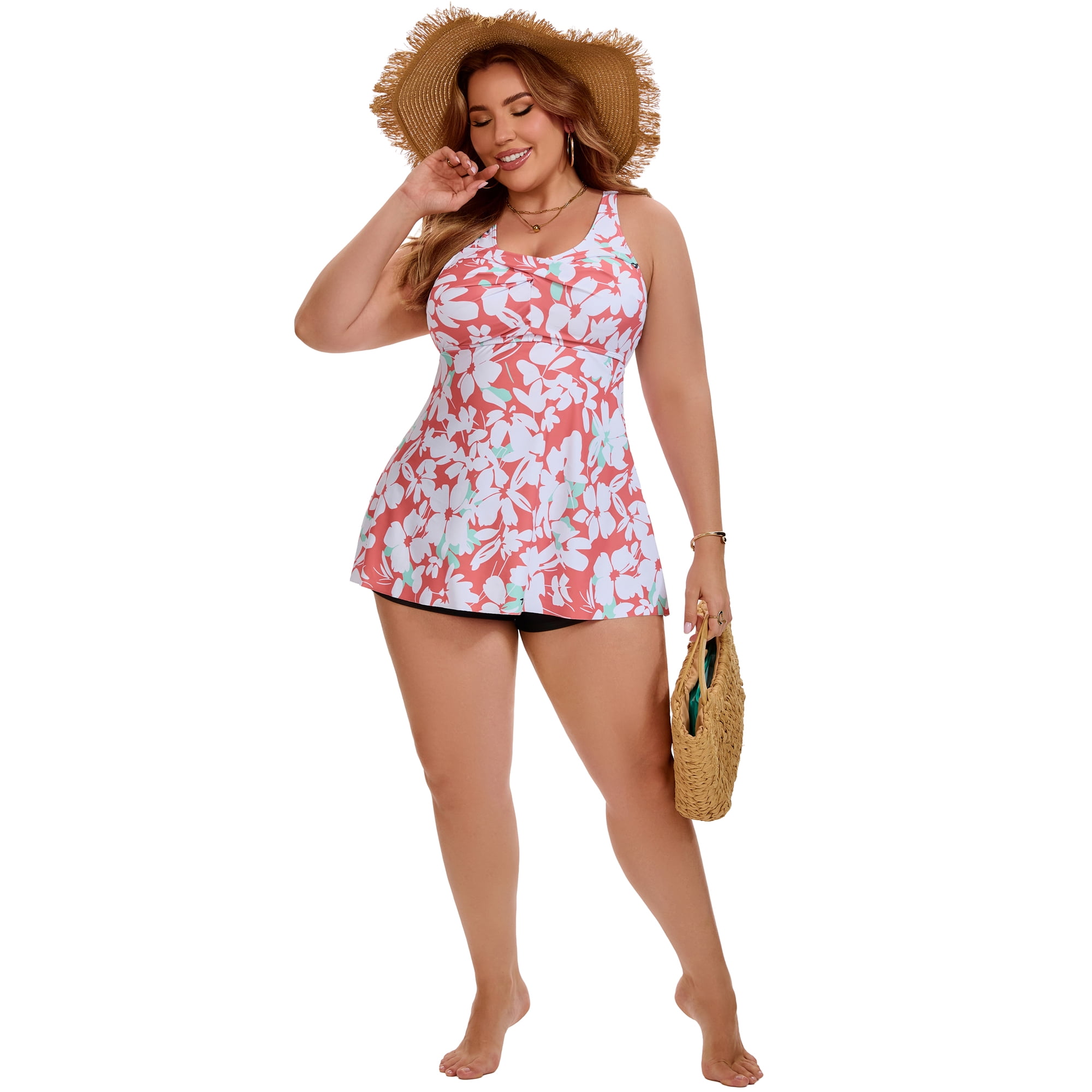 DARING DIVA Women's Plus 2 Piece Tankini Swimsuits V Neck Tops L Orange
